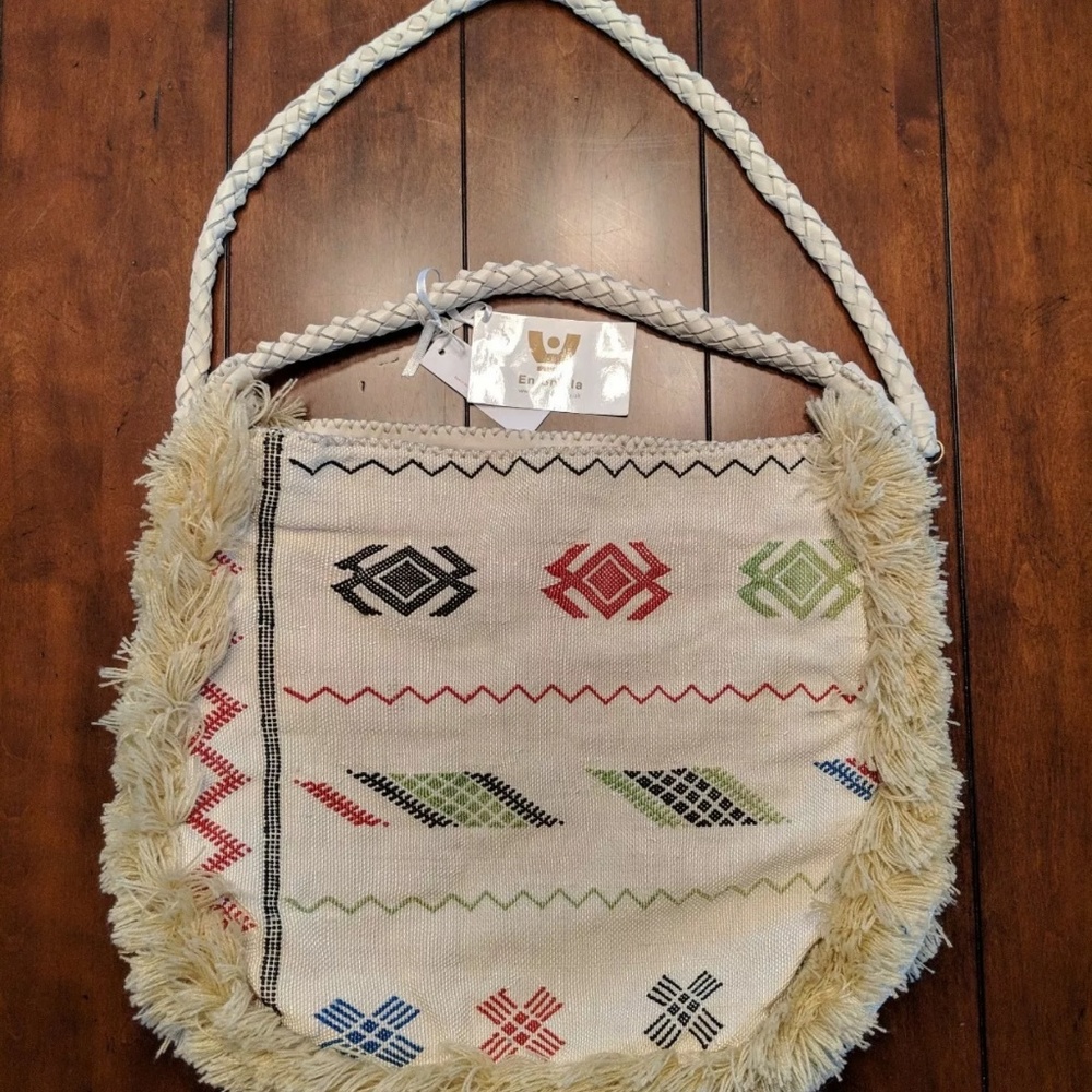 En Shalla Fringed Knit Leather Shoulder Tote Bag